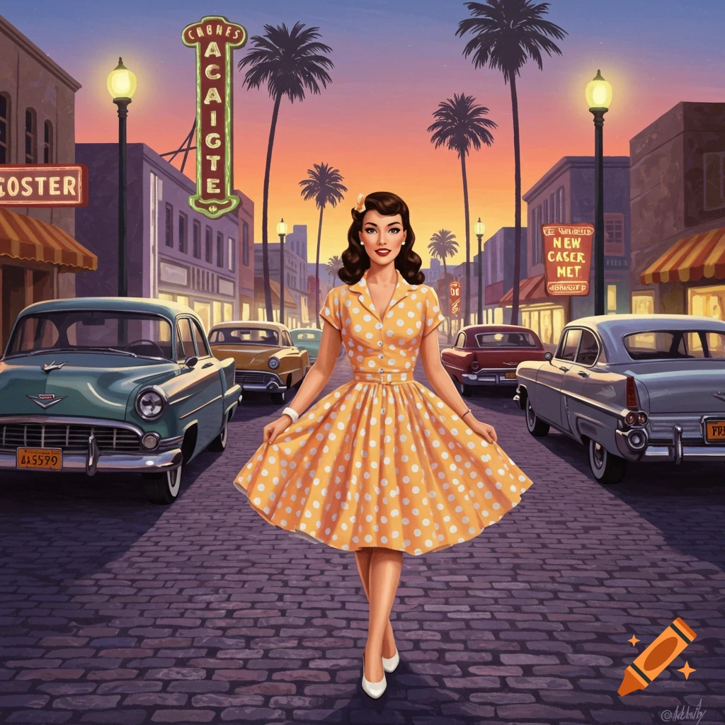 A woman in a yellow polka dot dress walks down a 1950s-style city street with classic cars and palm trees at sunset, in a retro art style.