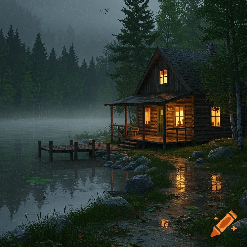 Photorealistic image of a cozy wooden cabin by a misty lake in a forest on a rainy evening, with warm light glowing from its windows and a small dock.