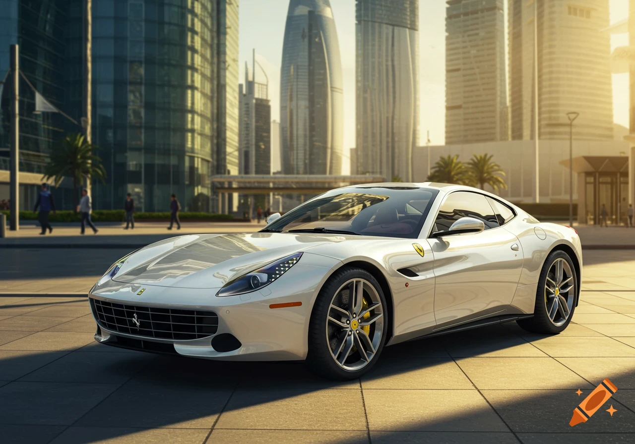 A white Ferrari sports car is parked on a city street in front of modern skyscrapers at sunset.