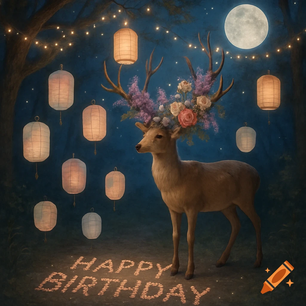 A deer with flowers on its antlers stands in a magical night forest, surrounded by glowing lanterns and a full moon, with 'HAPPY BIRTHDAY' on the ground.