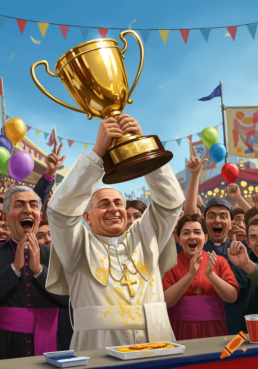 An illustration of a smiling pope covered in mustard, raising a golden trophy at a hot dog contest with a cheering crowd.