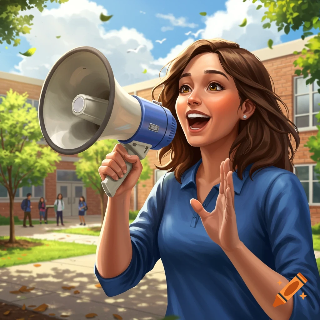 An illustration of a cheerful teacher with brown hair speaking into a megaphone outside a school.