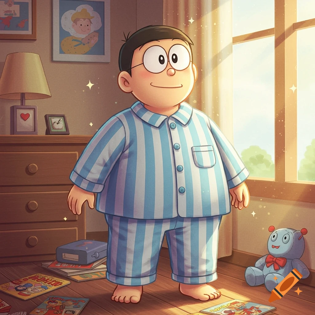 A cartoon boy, Nobita, in blue and white striped pajamas stands in a sunlit bedroom with comic books on the floor.