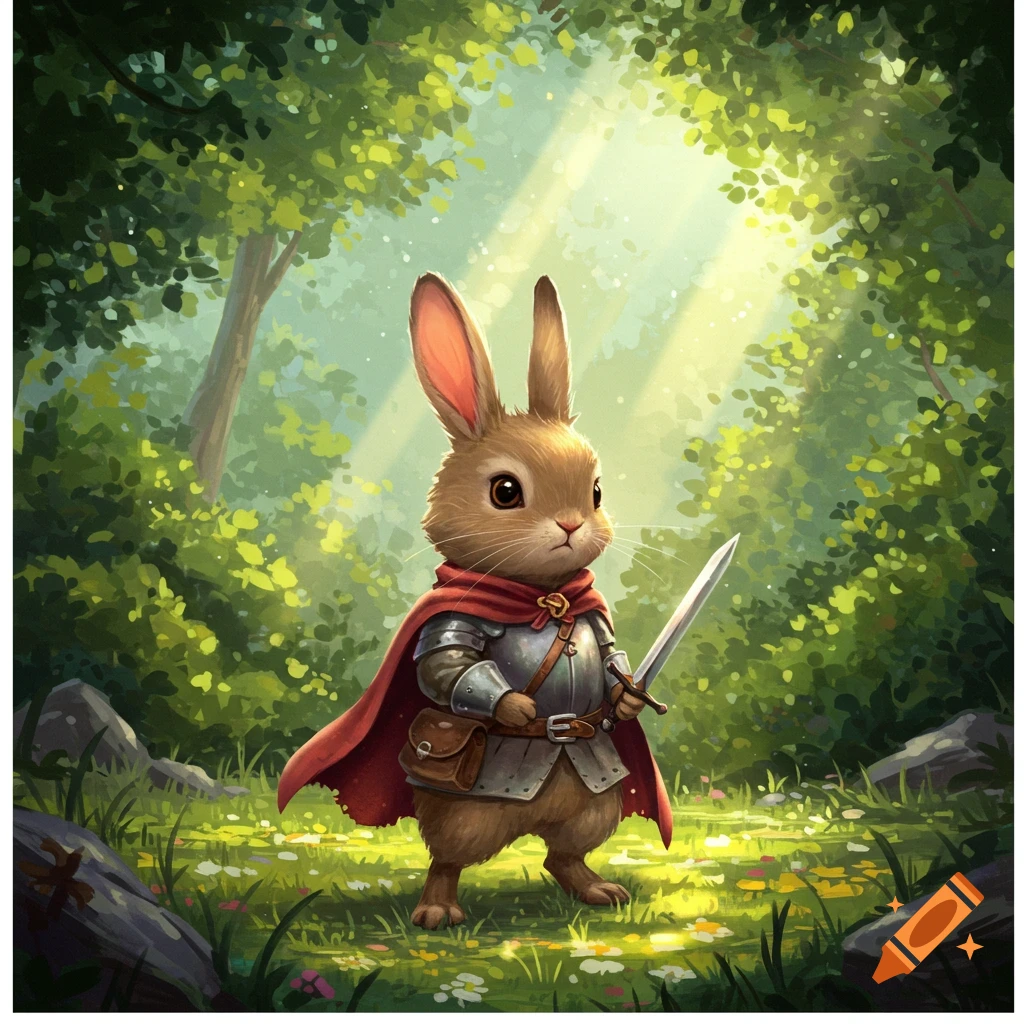 A cute bunny knight in shining armor with a red cape and sword stands in a magical forest with sunbeams.