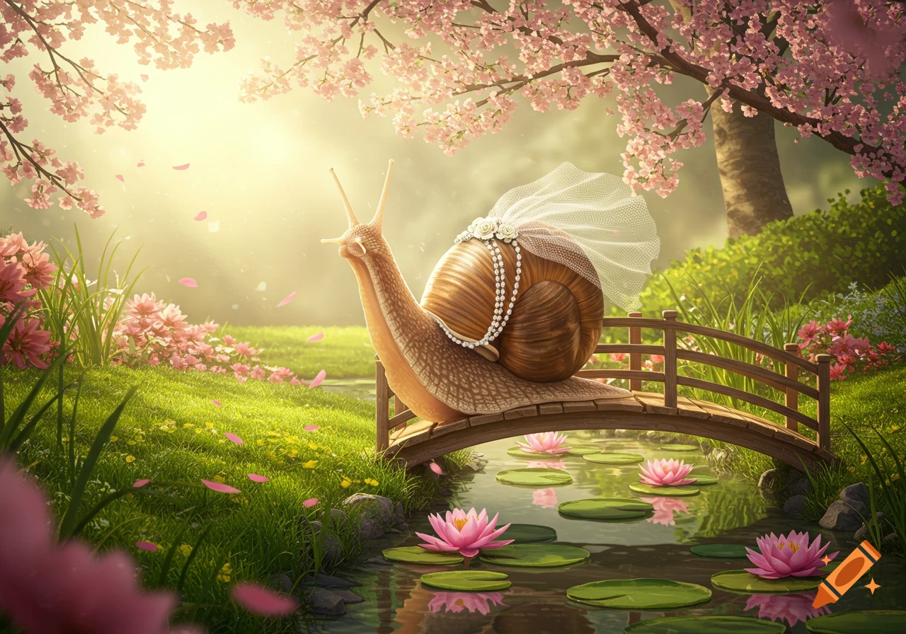 A snail wearing a wedding veil and pearls crosses a wooden bridge over a stream, surrounded by cherry blossoms and greenery.