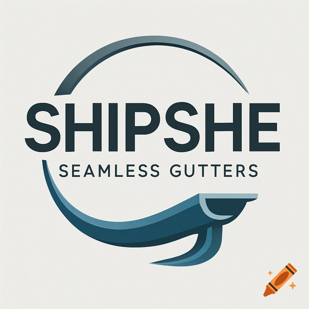 Logo for Shipshe Seamless Gutters, featuring text within a circular design with a blue gutter graphic.