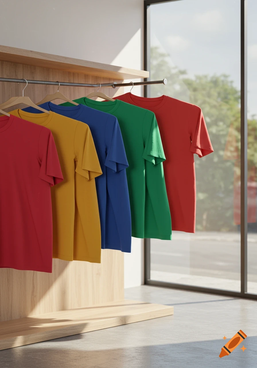 Red, yellow, blue, green, and red t-shirts hang on a wooden rack in a sunlit modern store, with a large window looking outside.