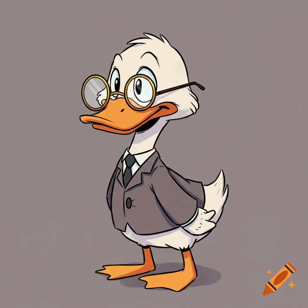 A cartoon duck character with glasses and a grey suit stands on a plain background.