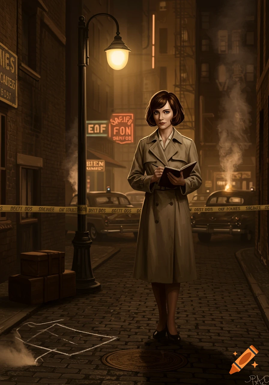 A 1950s female crime scene investigator in a trench coat stands in a dark, cobbled alley with neon signs, writing in a notebook next to a chalk outline.