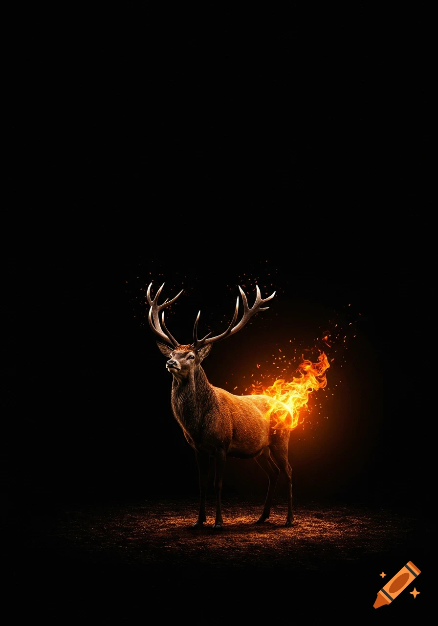 A majestic red deer with large antlers stands in a black void, its lower back and tail engulfed in bright orange flames.
