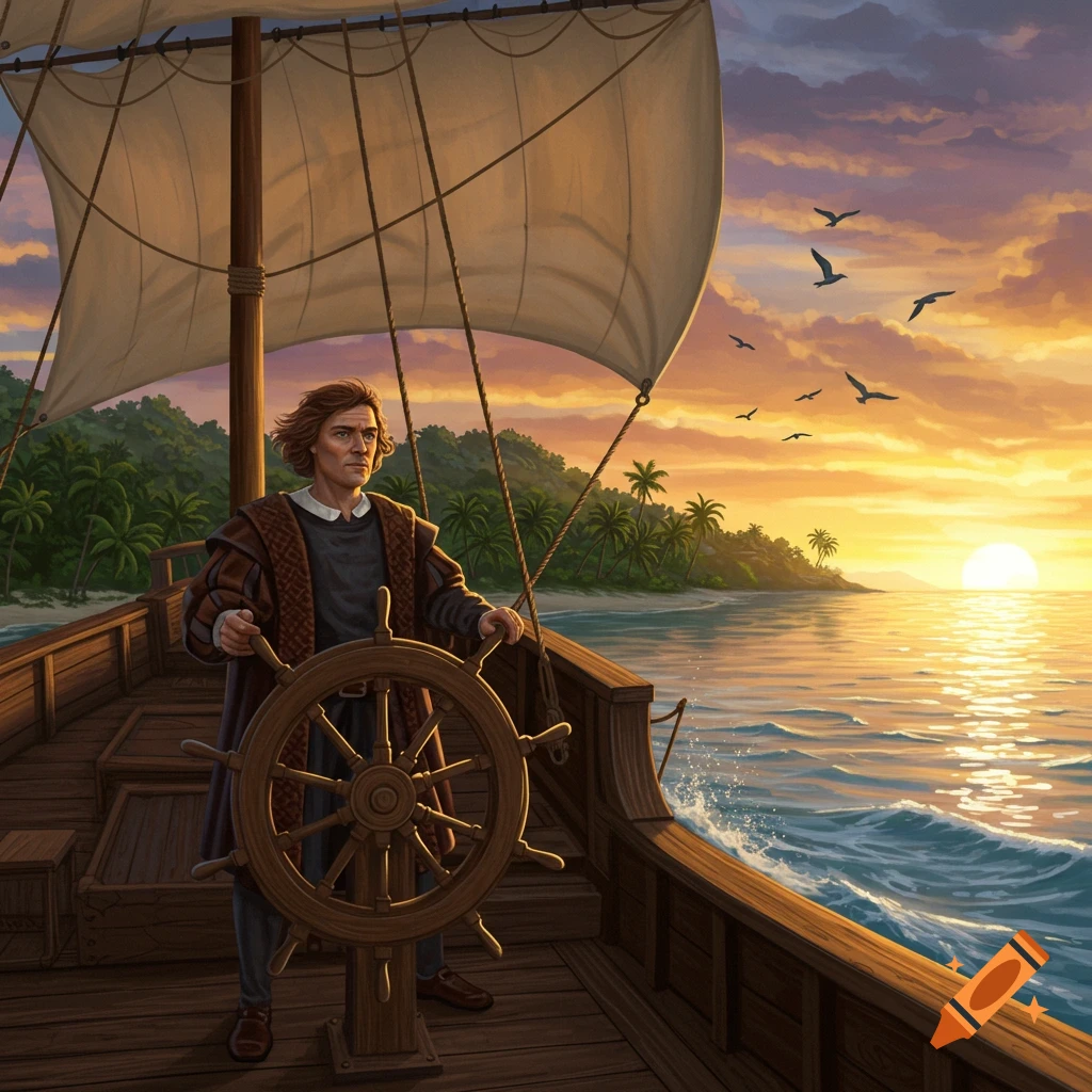 A man resembling Christopher Columbus steers a wooden sailing ship at sunset, a tropical island in the background.