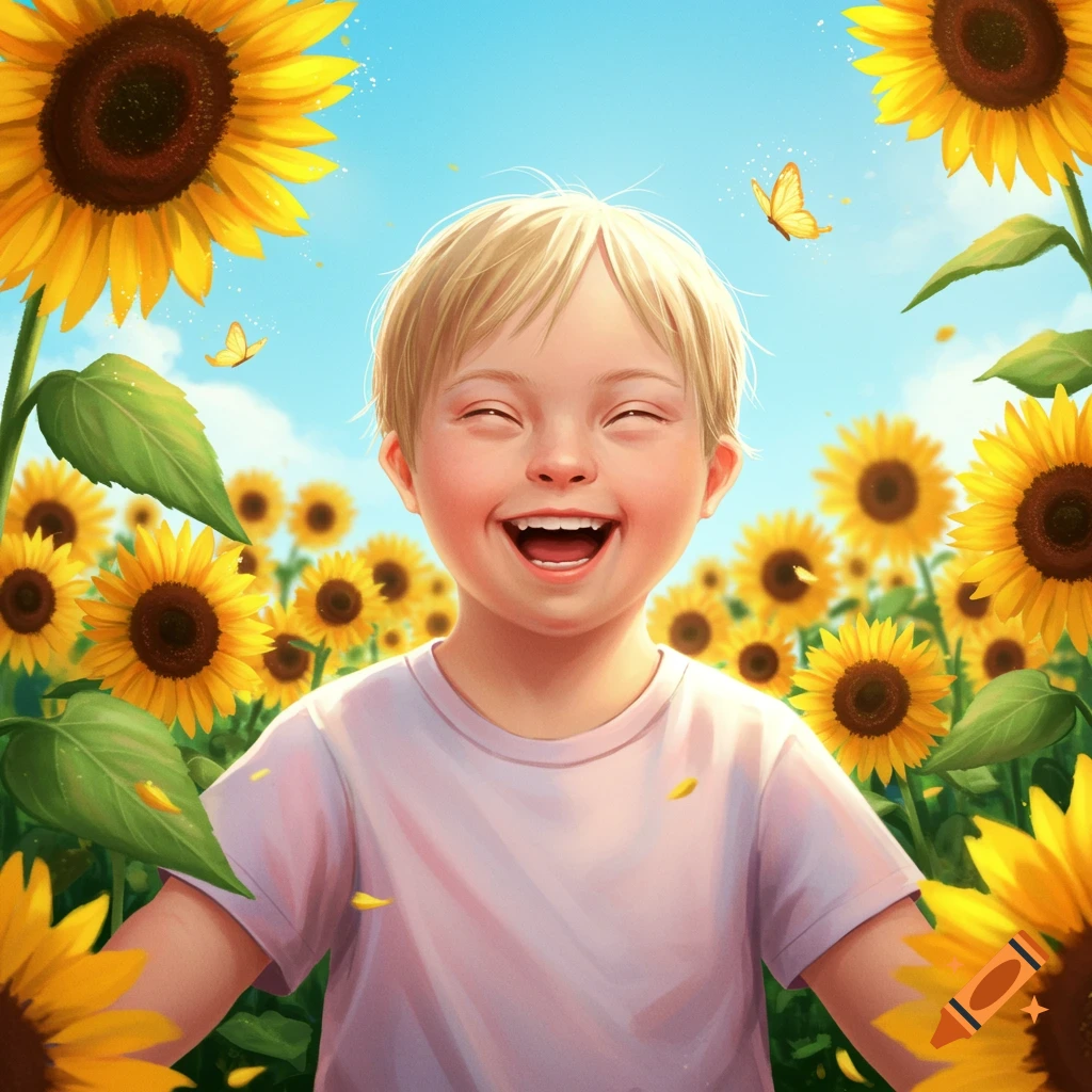 A happy child with Down syndrome laughs joyfully in a vibrant, sunlit field of yellow sunflowers with butterflies.