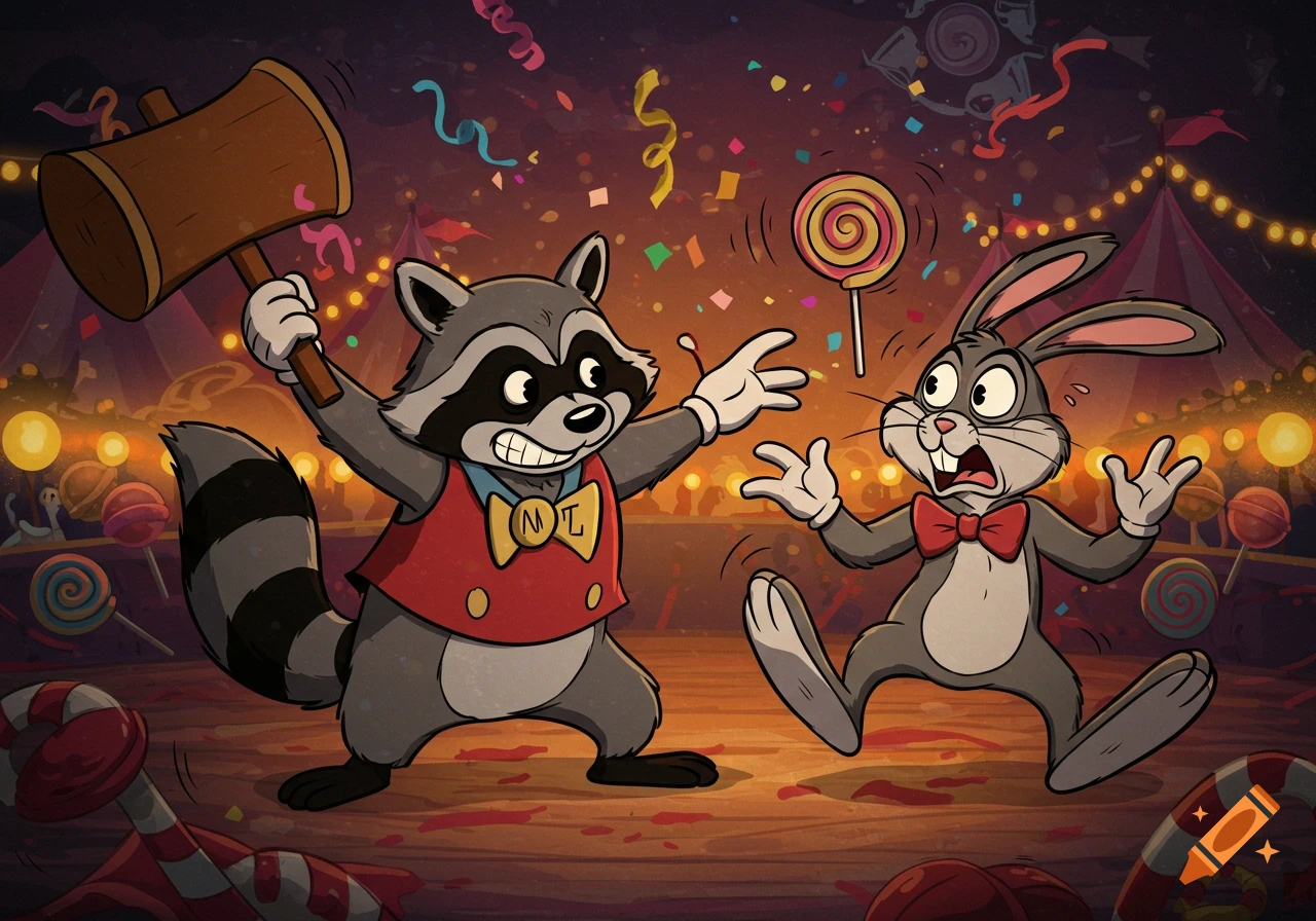 A cartoon raccoon with a mallet menacing a frightened rabbit at a chaotic carnival, confetti falling around them. Vintage animation style.