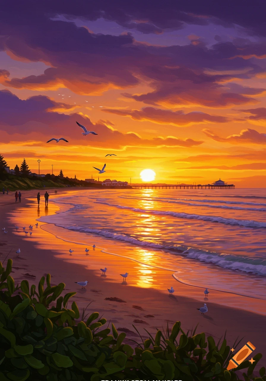 Vibrant illustration of a colorful sunset over a beach with people, seagulls, gentle waves, and a distant pier.