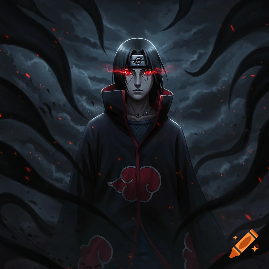 Itachi Uchiha with glowing red Sharingan eyes stands in a dark, ominous setting with smoky tendrils and falling embers.