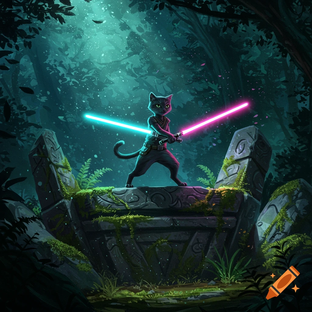 A stylized illustration of a black cat wielding a pink and blue lightsaber, standing on mossy ancient ruins in a mystical, dark forest.