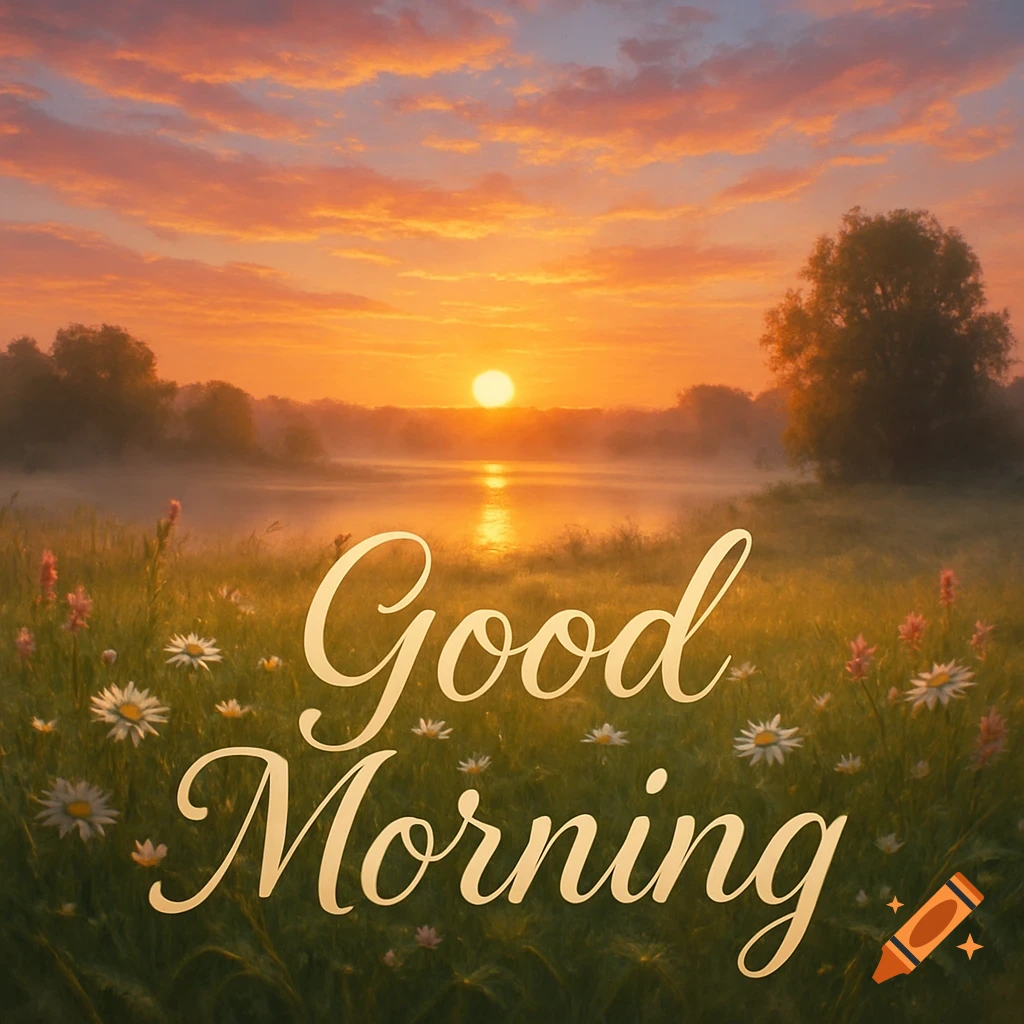 A beautiful golden sunrise over a misty lake, with 'Good Morning' text in the foreground amongst wildflowers.