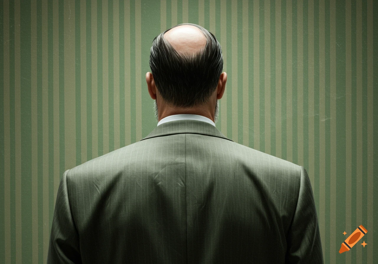 Rear view of a man in a pinstripe suit with a receding hairline, standing against a green and beige striped wallpaper.