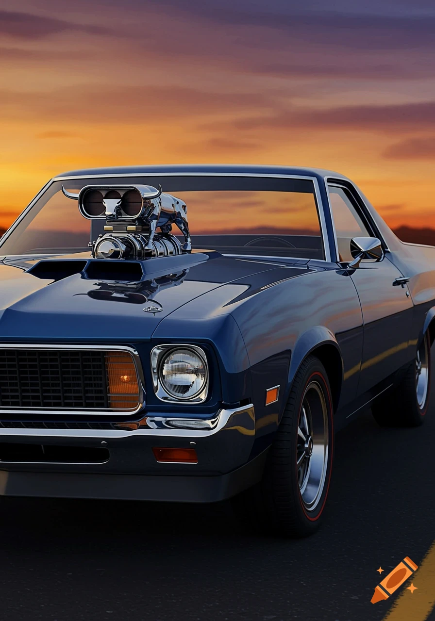 A dark blue classic muscle car with a chrome supercharger and bull hood ornament on a road at sunset.