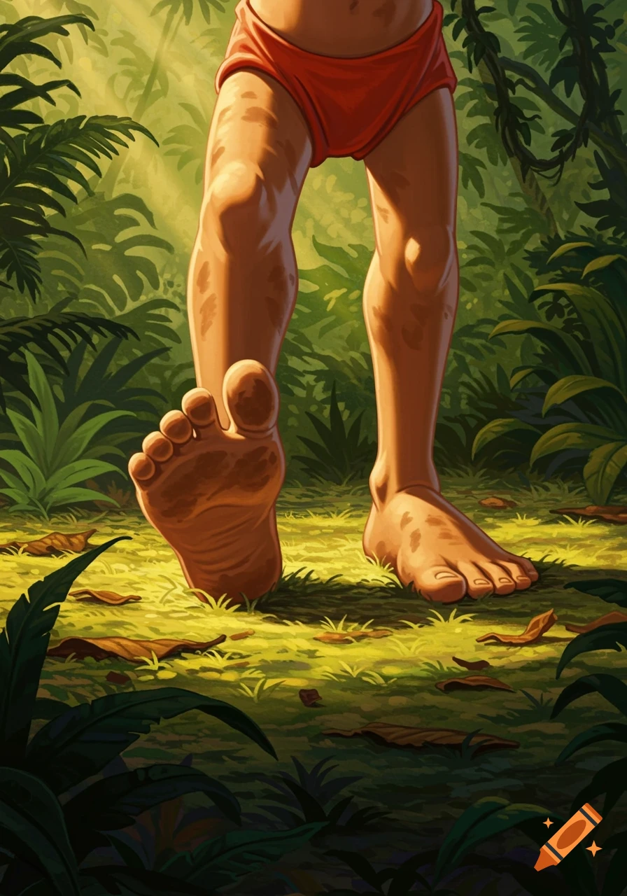 Close-up of animated bare feet and legs walking on a sunlit jungle floor.