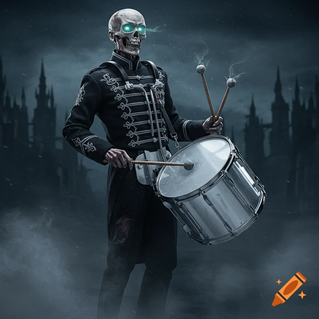 Hyperrealistic undead skeleton drummer with glowing green eyes in a black marching band uniform, playing a drum in a foggy, gothic setting.