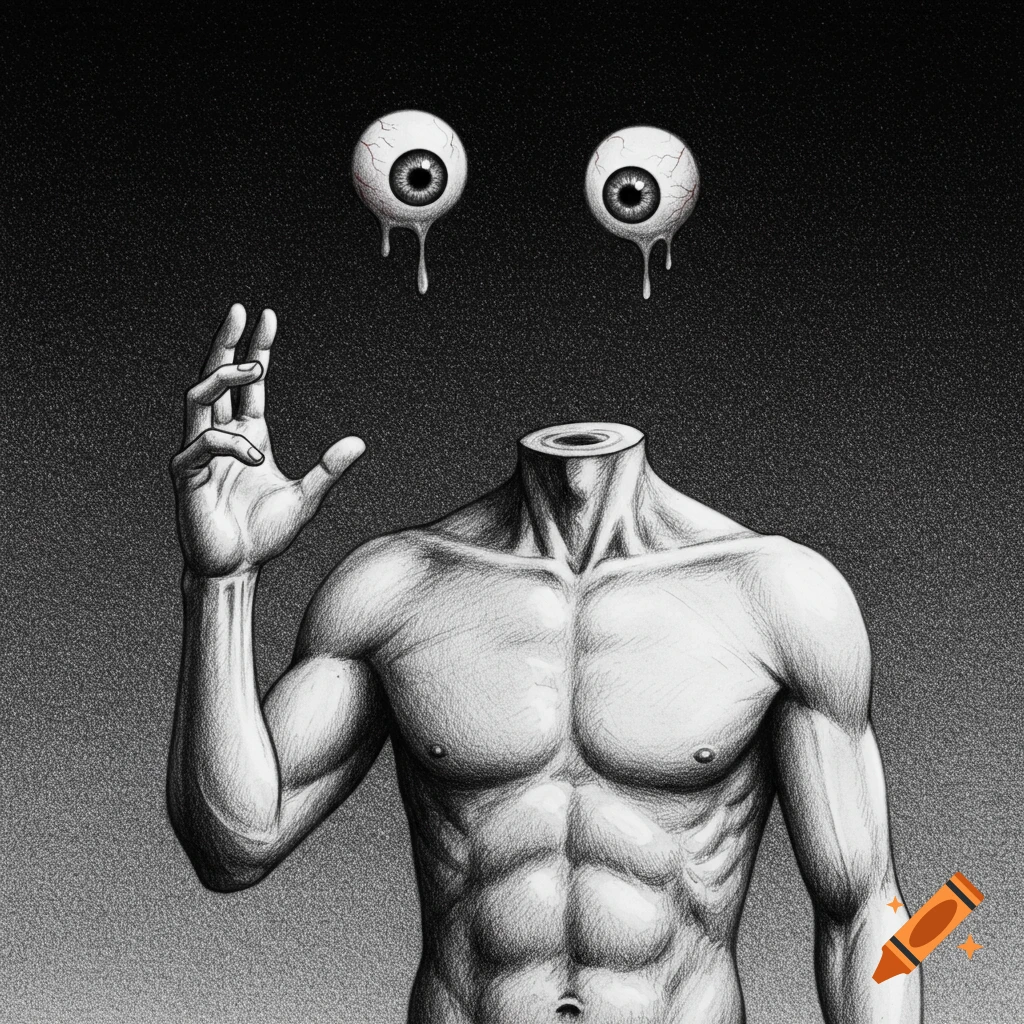 Black and white pencil drawing of a headless muscular man raising a hand, with two detached eyeballs floating above.