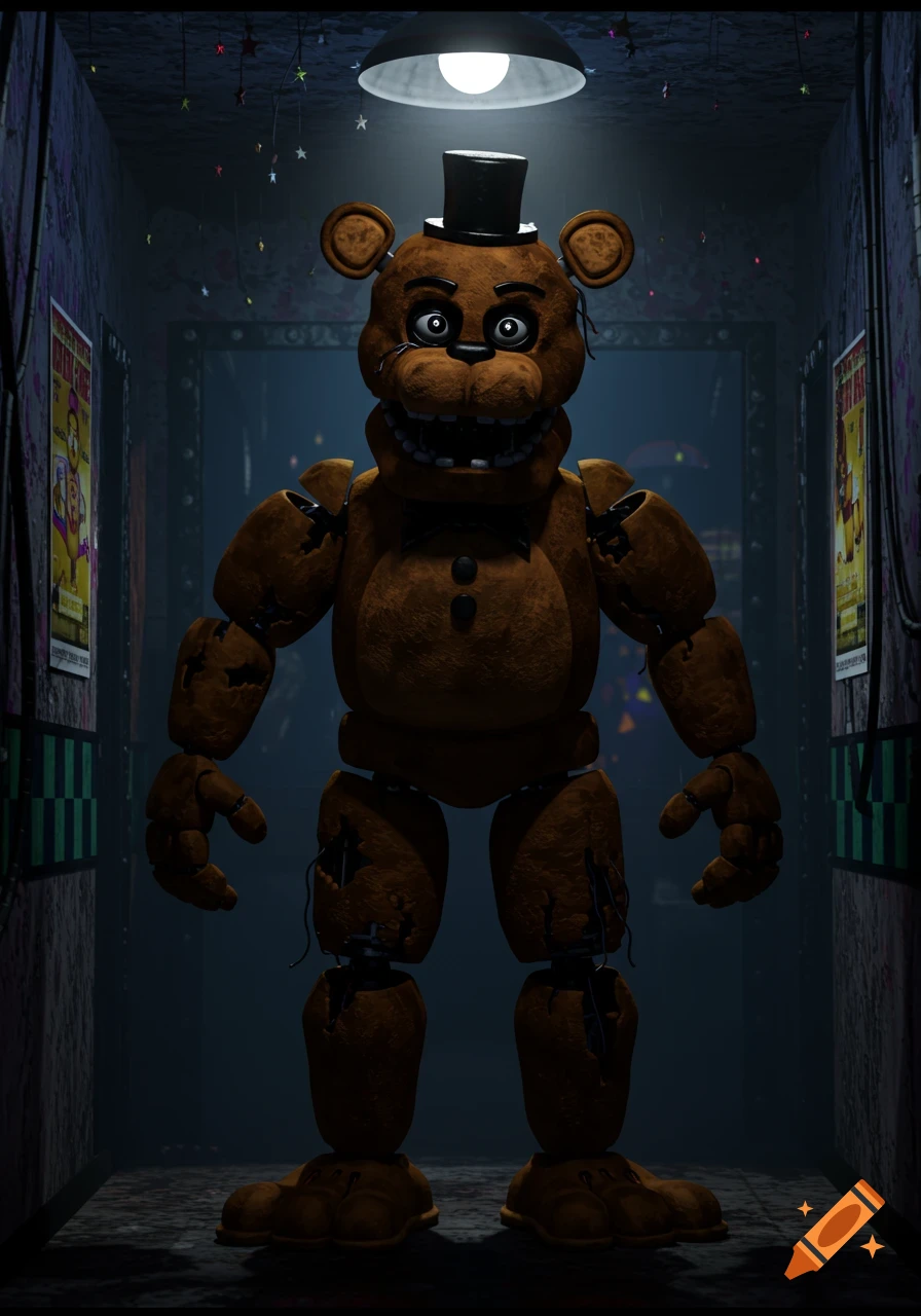 Freddy Fazbear, a brown animatronic bear with a top hat, stands in a dark, grimy hallway under a single lamp.