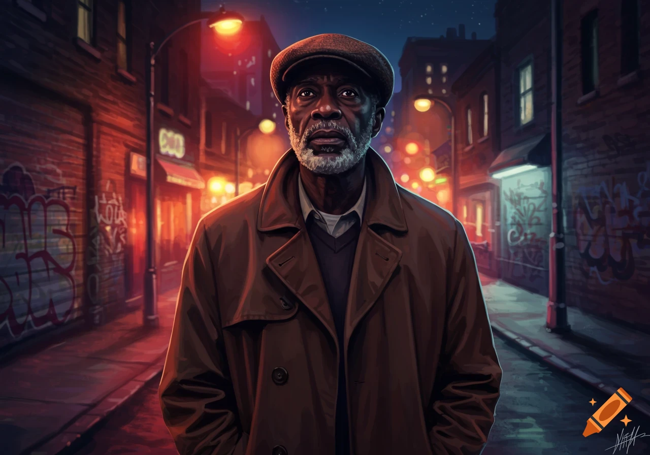 Stylized illustration of an elderly Black man in a brown trench coat and flat cap, in a dimly lit urban alley at night.