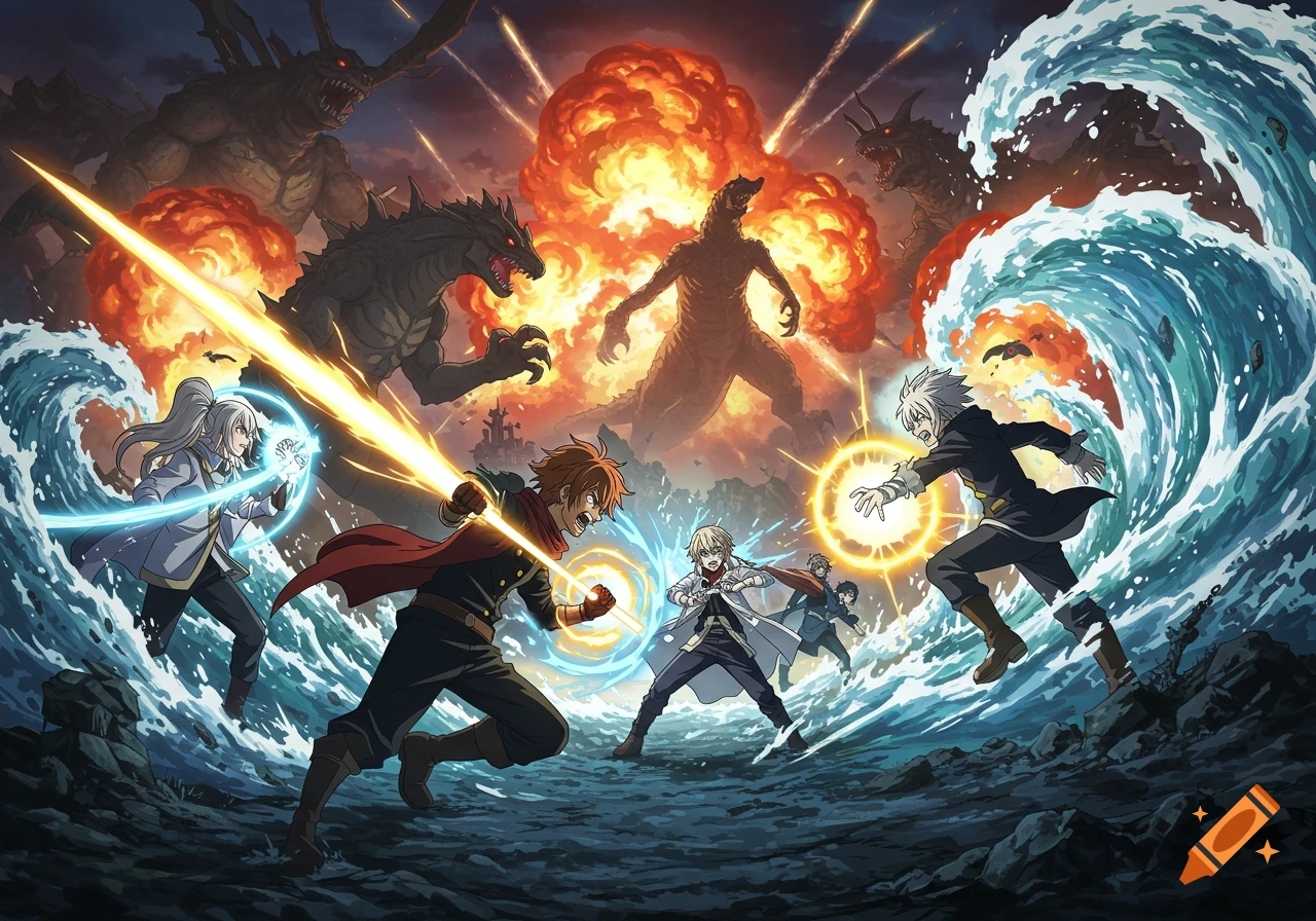 Anime fantasy characters battle giant monsters amid explosions and massive waves, with glowing energy attacks in a dynamic scene.