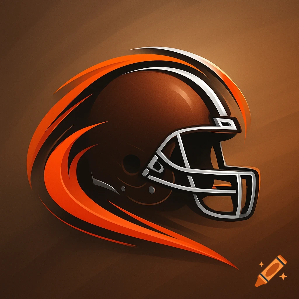 Stylized brown football helmet with orange and white streaks on a brown background, resembling a sports logo.