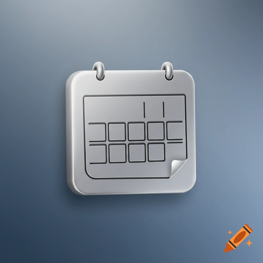 A 3D-rendered gray calendar icon with a white page showing a grid and two vertical lines, against a blue-gray background.