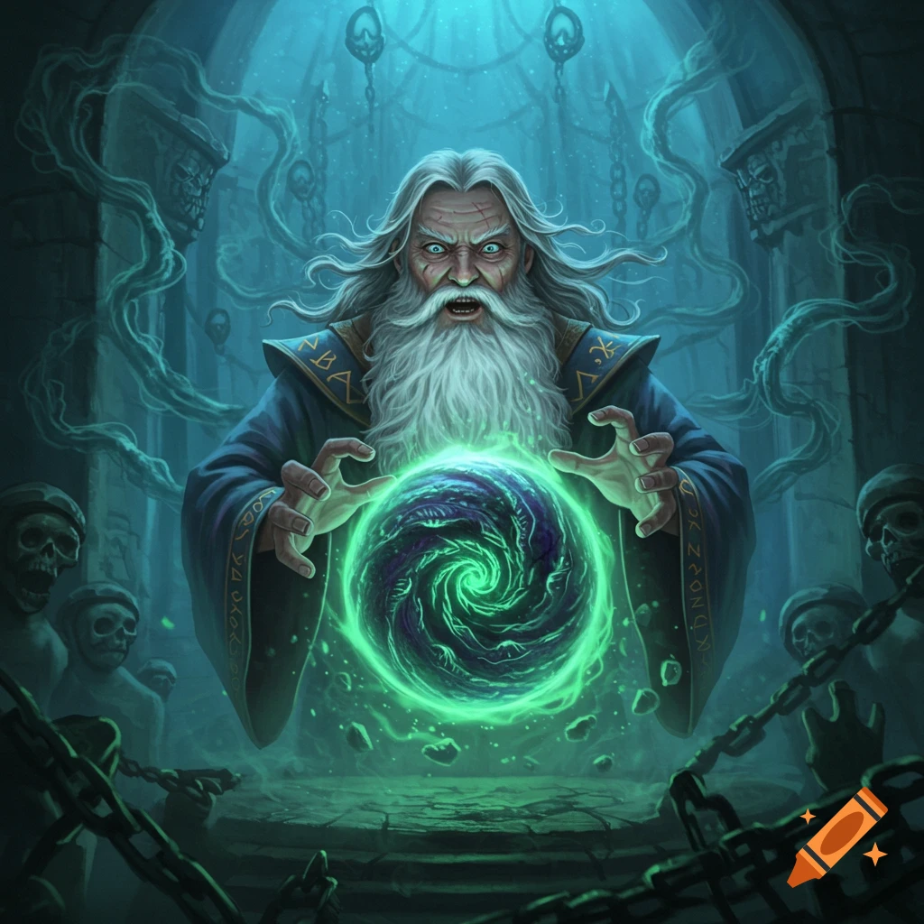 An enraged wizard with a long white beard and wild eyes conjures a swirling green magic orb in a dark, skull-filled dungeon.