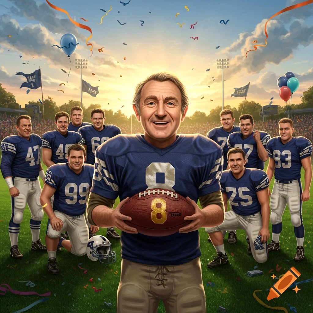 A smiling older man in a blue football jersey with the number 8, holding a football with the number 8, surrounded by other players on a football field during sunset with confetti and balloons.