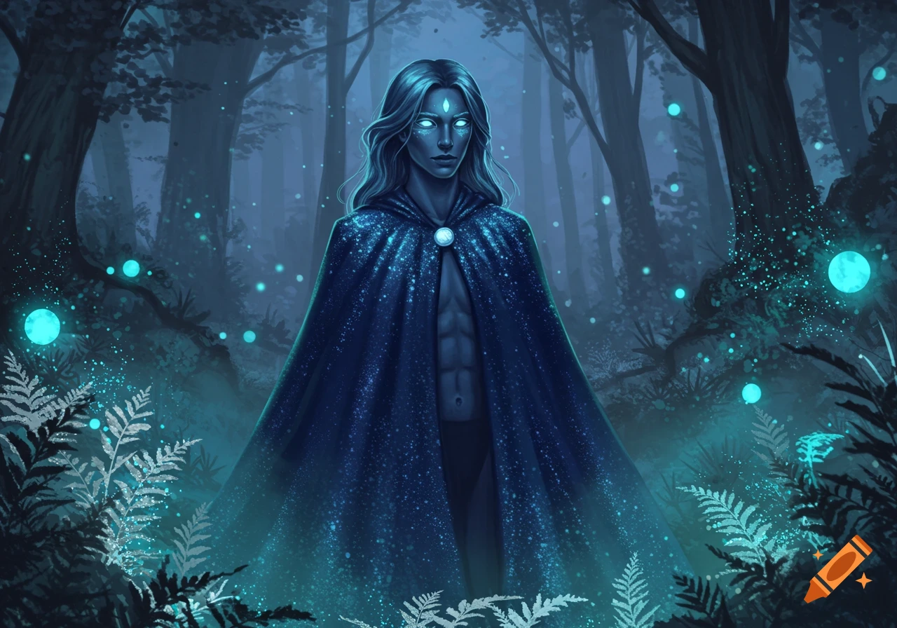 A mystical figure with glowing eyes and long hair stands in a dark, ethereal forest, wearing a blue, star-dusted cape.