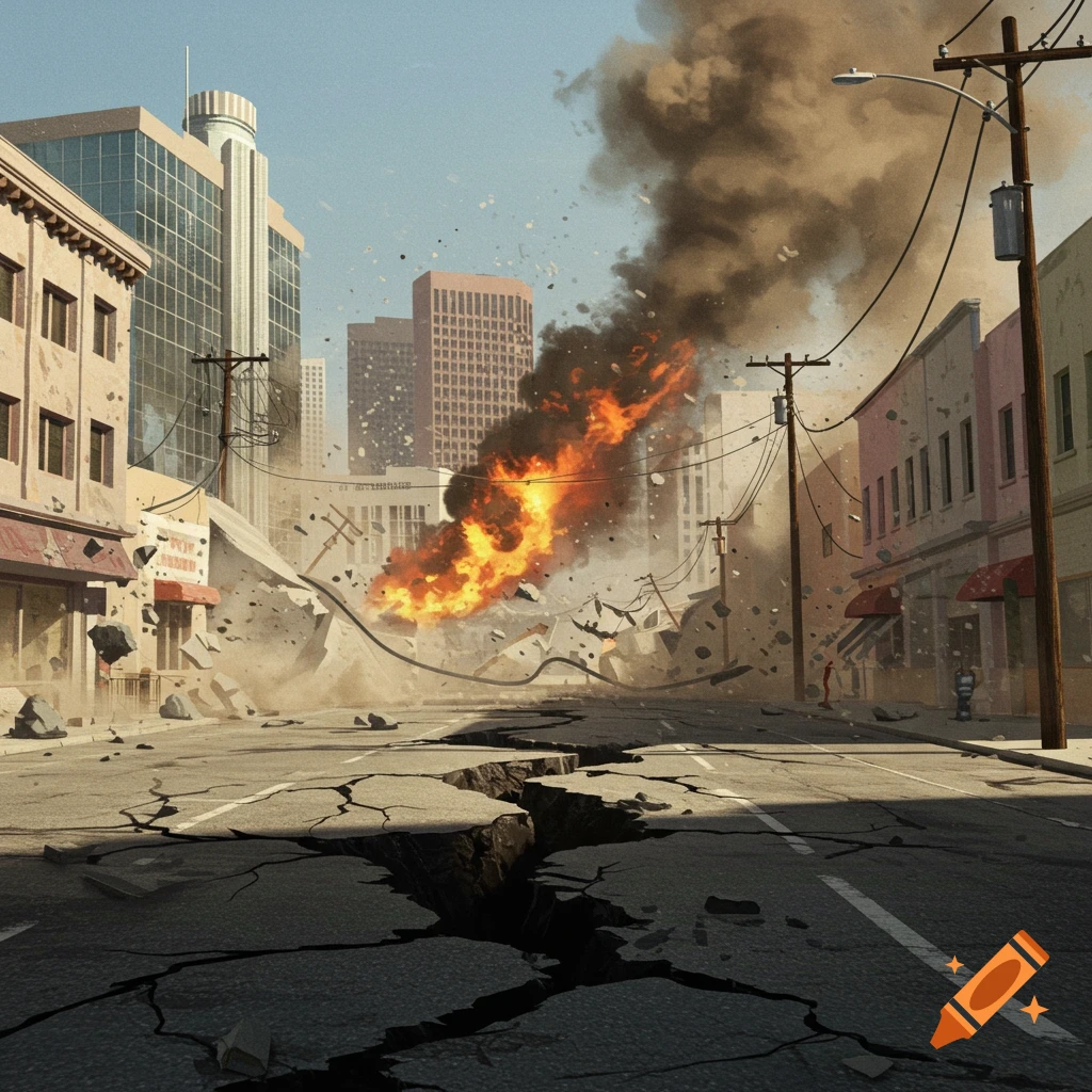 An illustration of a city street devastated by an earthquake, showing large cracks in the pavement and a building on fire in the distance.