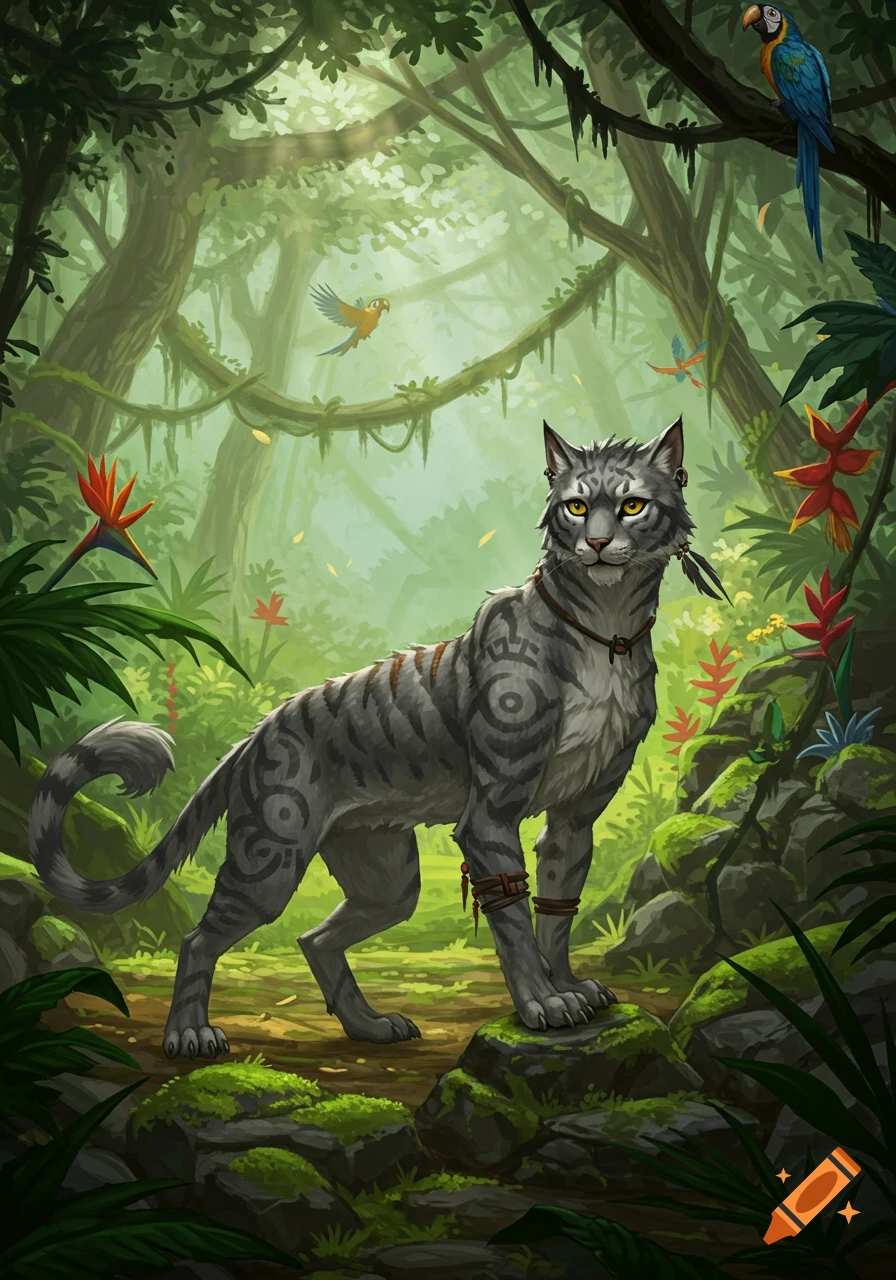Detailed illustration of a grey cat-like creature with tribal patterns and yellow eyes standing in a lush jungle with birds and tropical plants.