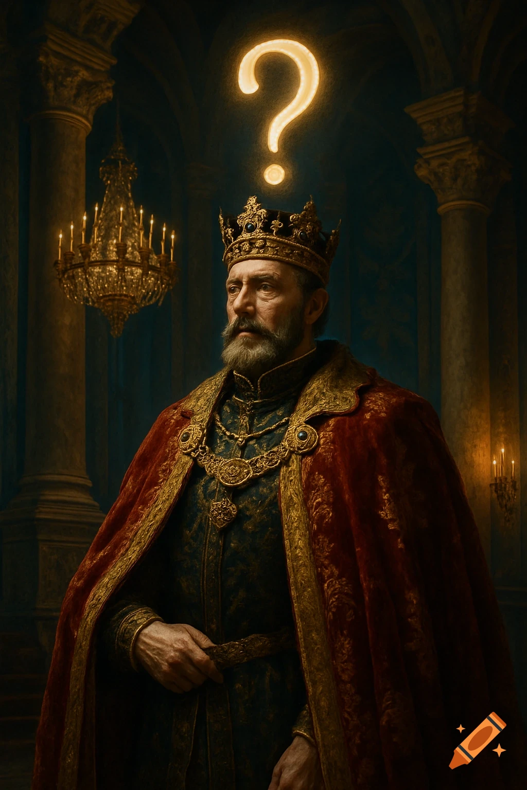 A solemn king in a crown and royal robes stands in a grand, dark hall with a glowing question mark floating above his head.
