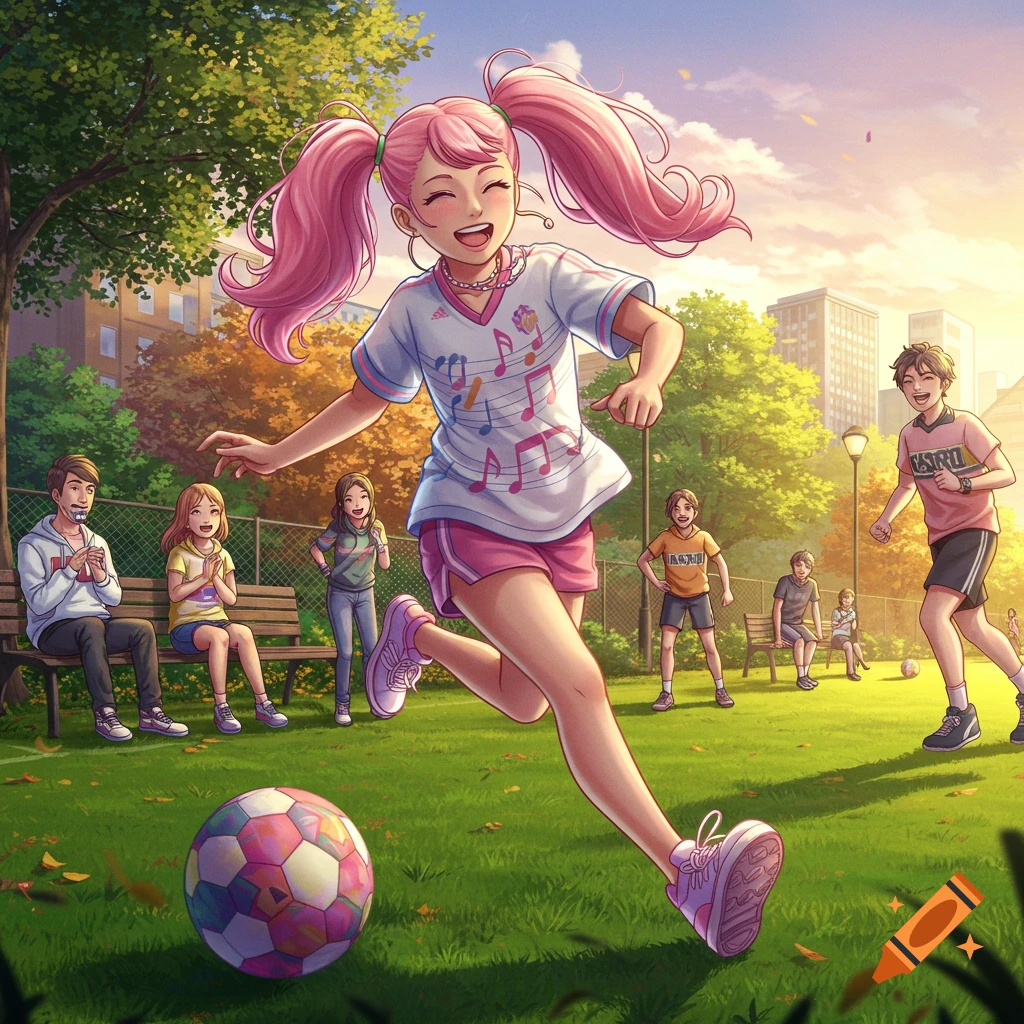 An anime-style image of a young girl with pink pigtails excitedly kicking a soccer ball in a park, with other smiling friends watching and playing in the background under a bright sky.