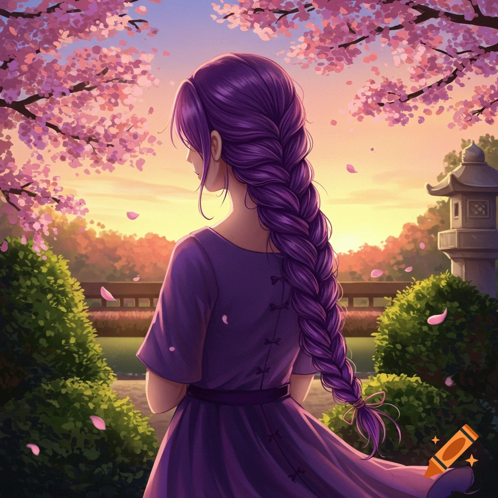 Anime illustration of a girl with long purple braided hair looking over a cherry blossom garden at sunset.