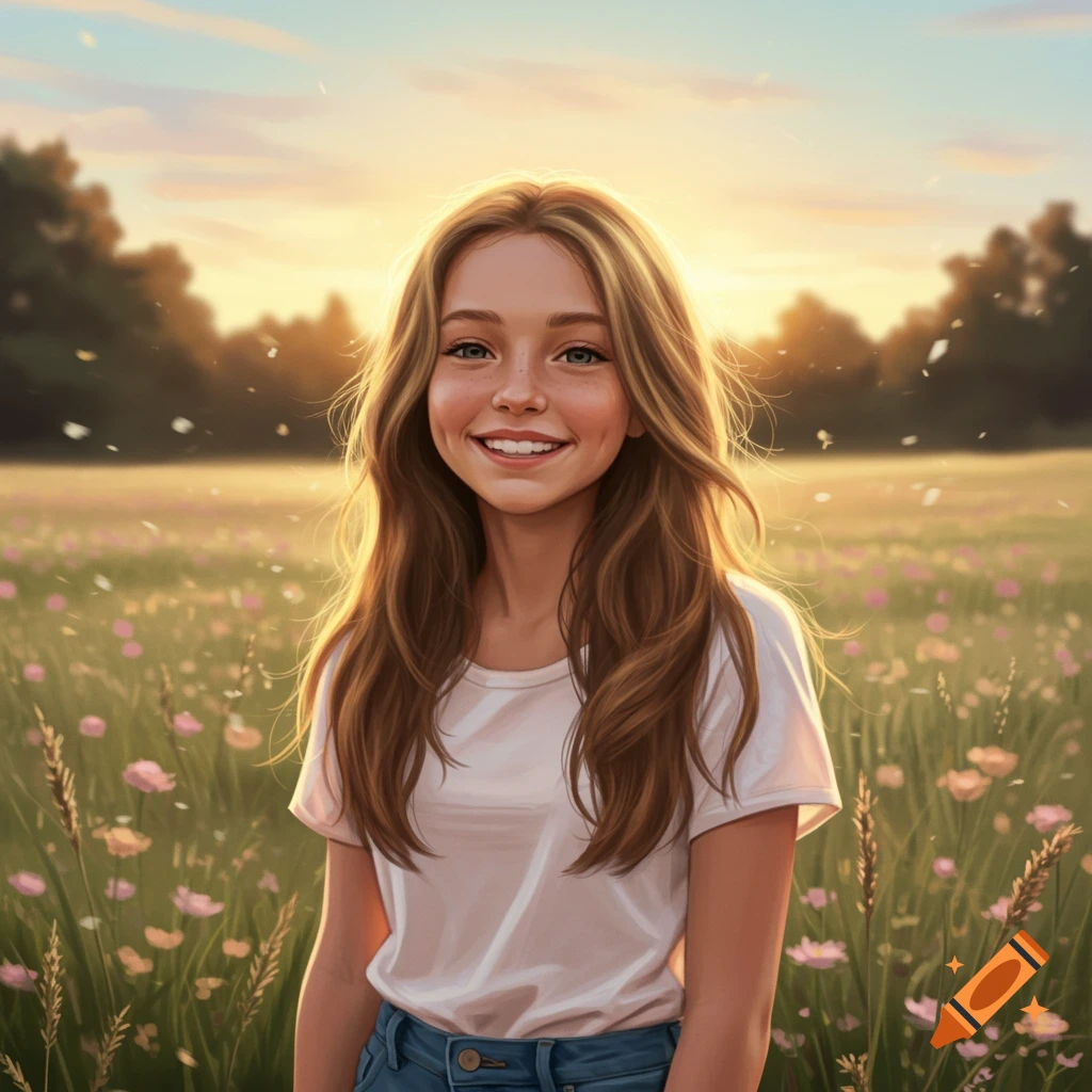 A smiling girl with long brown hair stands in a wildflower field at sunset, in a digital art style.