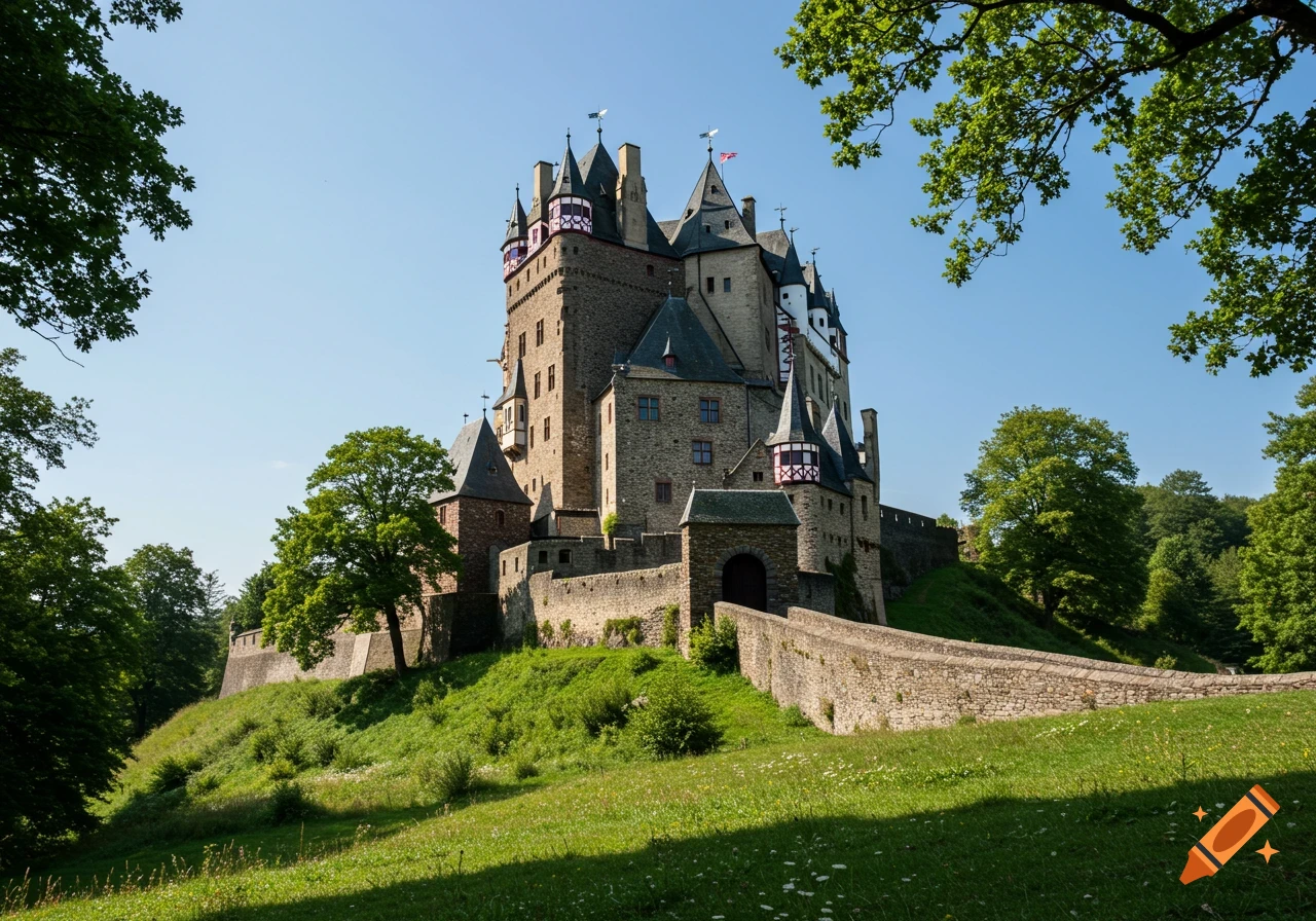 Photorealistic view of a grand medieval castle on a lush green hill, surrounded by trees under a clear blue sky.