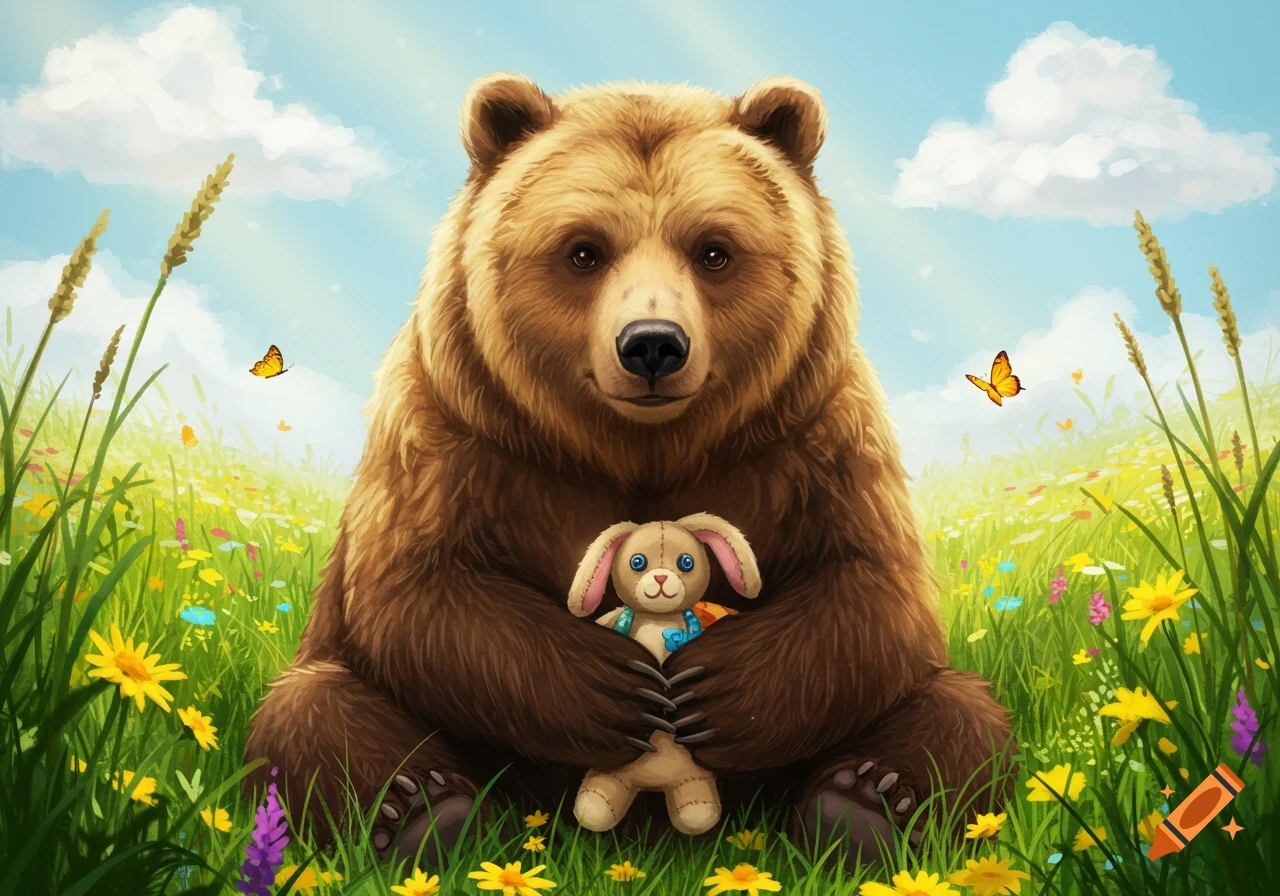 A friendly brown bear sits in a vibrant field of colorful wildflowers, gently holding a plush bunny toy. Illustrative style.