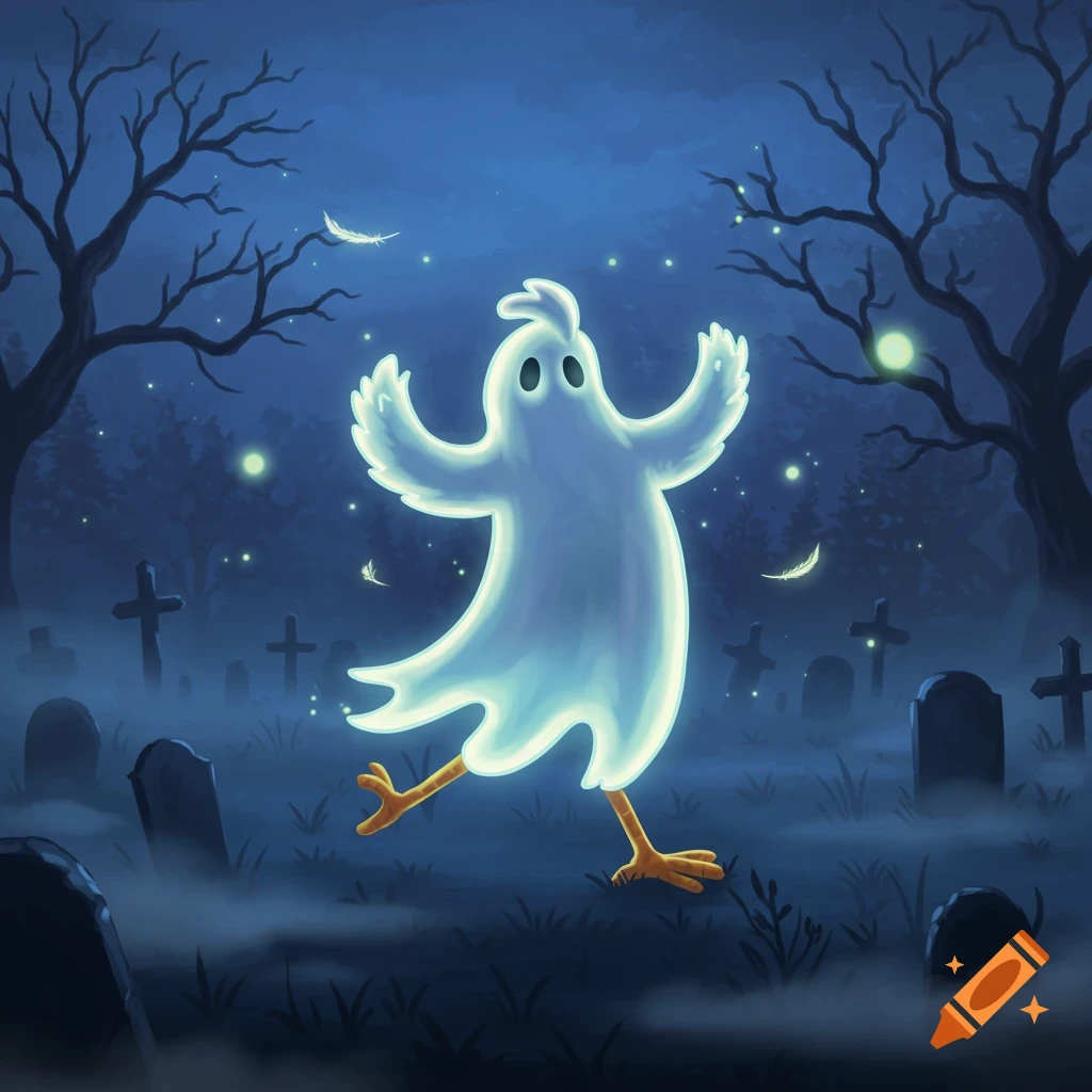 A glowing cartoon ghost with chicken legs dances in a misty graveyard at night, with bare trees and glowing fireflies.