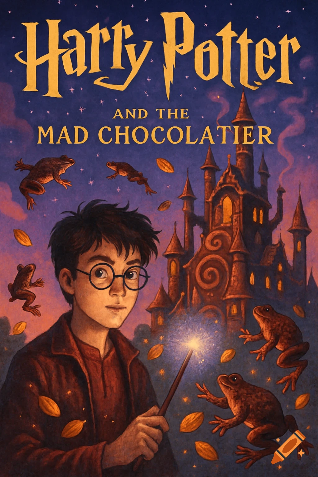 Illustrated book cover showing Harry Potter with a glowing wand, in front of a dark, ornate castle under a starry sky, with frogs and cacao beans floating around him.
