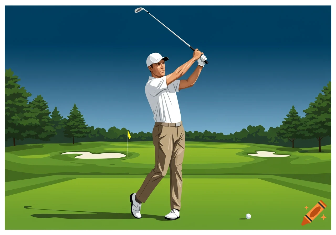 An illustration of a man in a white shirt and khaki pants swinging a golf club on a green golf course under a blue sky.