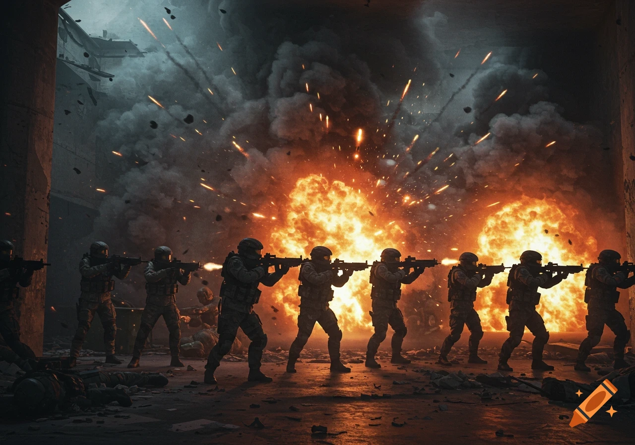 Line of soldiers firing rifles in a smoky, destroyed bunker with large explosions behind them, in a video game art style.