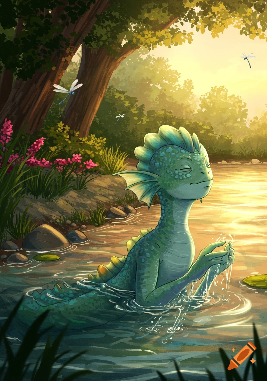 A green, finned creature sits peacefully in a sunlit river, cupping water. Lush trees, pink flowers, and dragonflies are visible.