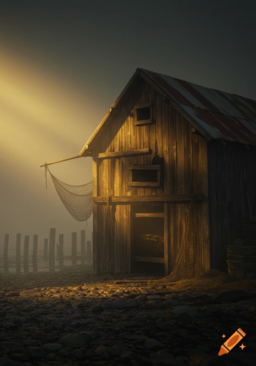 A rustic wooden fishing shack with a corrugated metal roof stands on a rocky shore, illuminated by golden sun rays through dense mist. Fishing nets hang from its side, and wooden pilings are visible in the foggy background.