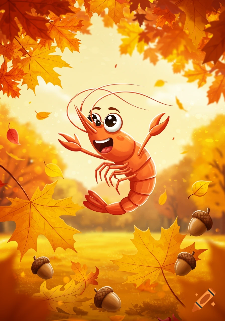 A happy orange cartoon shrimp floats amidst falling autumn leaves and acorns in a bright, stylized fall landscape.