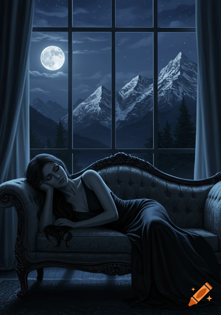 A woman in a dark dress reclines on a couch by a window, overlooking a full moon and snowy mountains at night. Atmospheric digital painting.